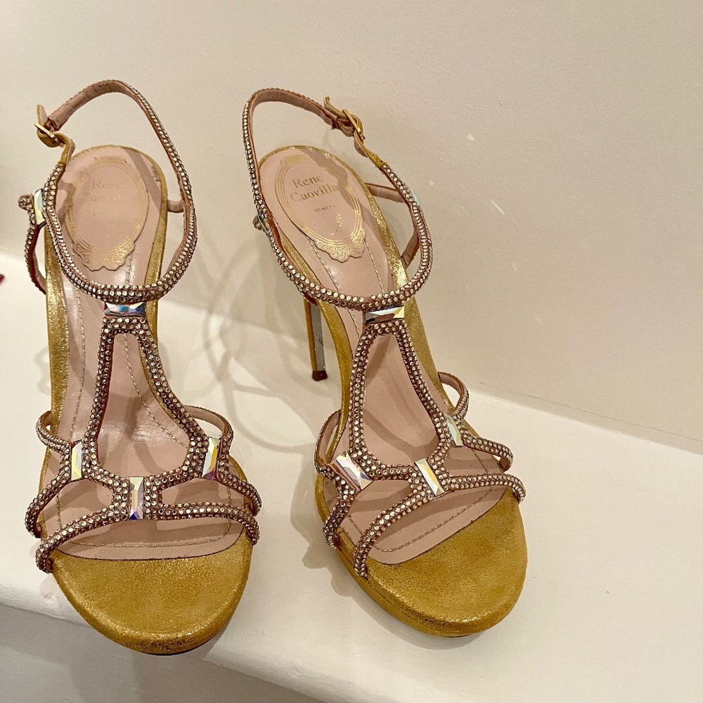 Rene Caovilla gold high heel sandals, size 37.5